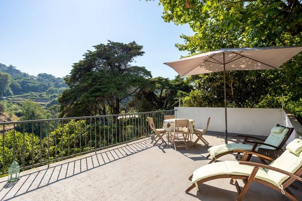 The Studio's terrace in full sun, with loungers and a parasol above the garden.