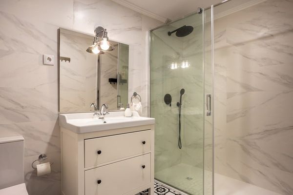 The Birds Room's fully renovated bathroom, with a walk-in shower and a marble surround.