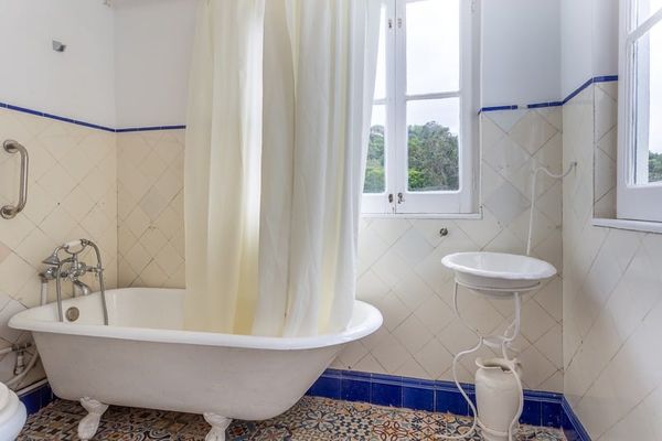 The Blue Room's bathroom: the 19th-century roll-top tub on claw feet against blue-bordered tiles.